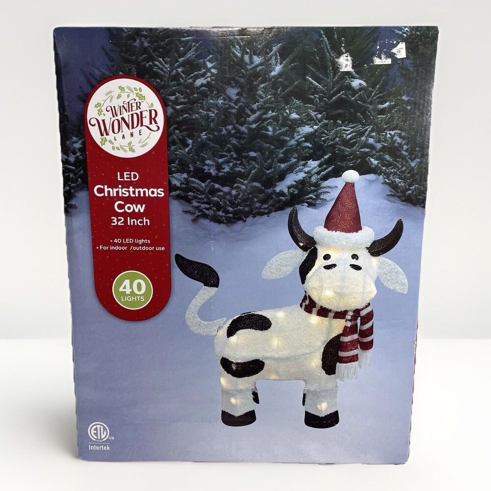 32” Tinsel Dairy Cow Light Up Yard Art Fuzzy Christmas Decor 40 LED Santa Hat